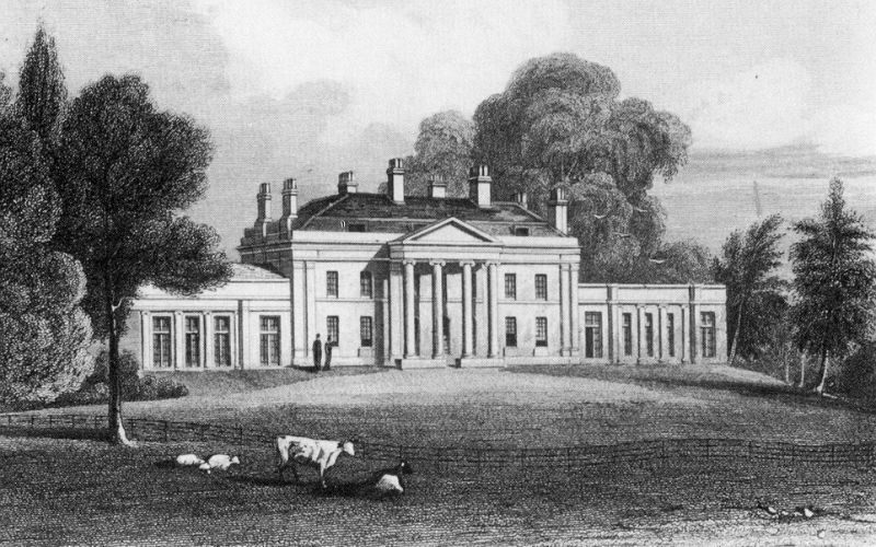 Black and white illustration of Hylands House with farm animals in the foreground.