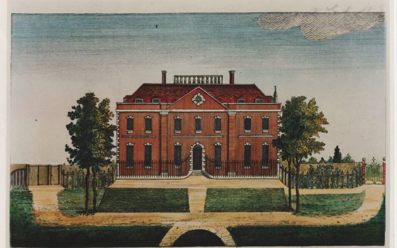 An illustration of Hylands House as two-story red brick building in the Queen Anne style of architecture.