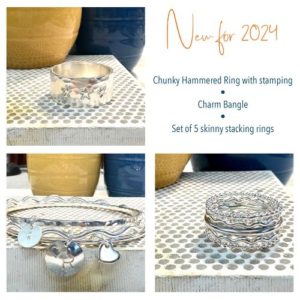 A collage of silver jewellery items including charm bangles, stacking ring and a stamped ring. Text on the image reads 'new for 2024'.