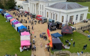 An aerial photo of Hylands House with Urban Food Fest taking place outside.