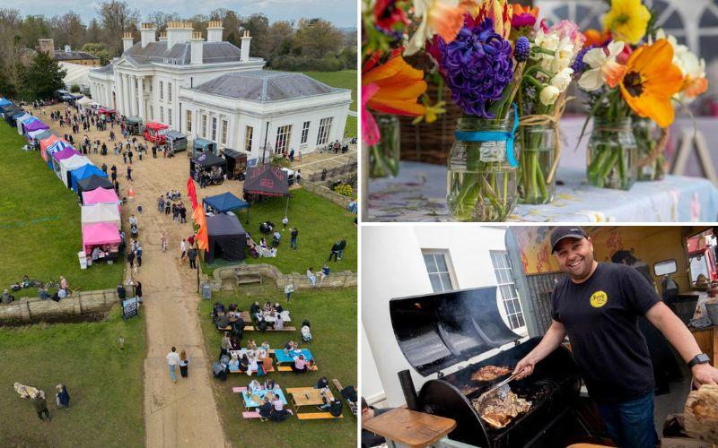 A collage of photos from Open Estate Day including an aerial photo of outside, a man BBQing chicken, and various bouquets of flowers.