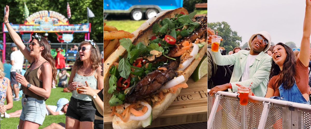 A collage of photos from Foodies Festival including people singing and dancing to music and a close up of a Bahn Mi sandwich.