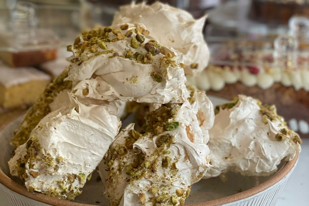 Meringues at The Deli covered in crushed pistachios.