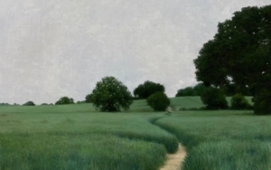 A landscape portrait by Stephanie Mills featuring a trail going through a field.