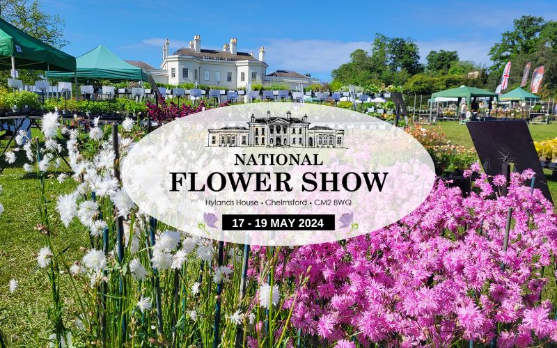 Hylands back lawn filled with an array of flowers. Text over the image reads, 'National Flower Show. 17 - 19 May 2024.'