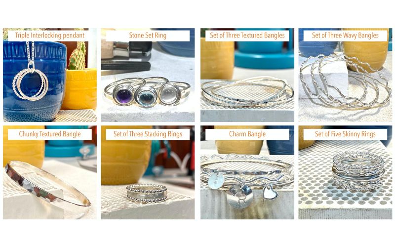 A collage of different silver jewellery. 