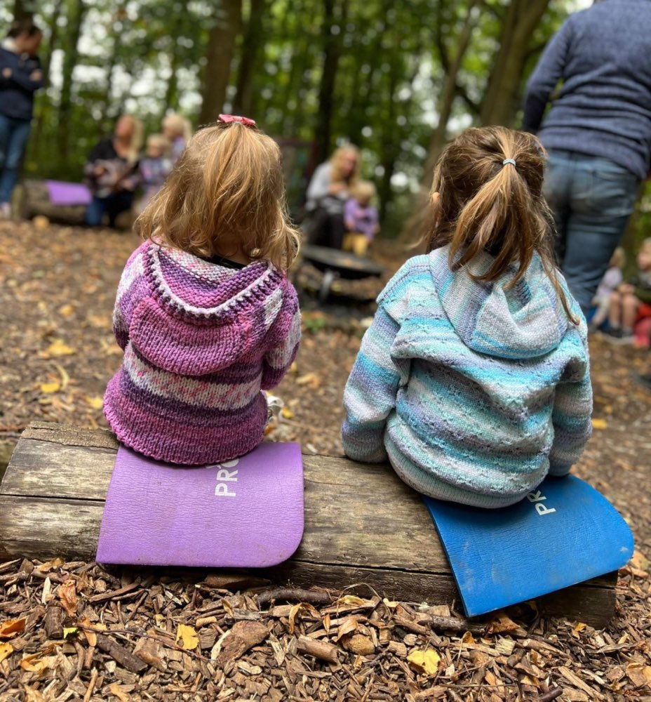Two children sit on a log around a fire pit at the Forest School.