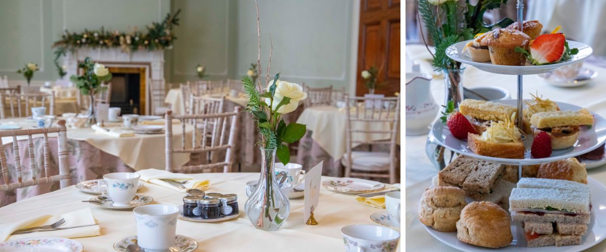 The Terrace Room of Hylands House decorated for Christmas with tables set for Afternoon Tea. 