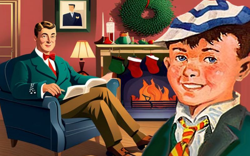 A vintage illustration of lounge with a boy smiling while his father sits on an armchair reading the paper. The room is decorated for Christmas.
