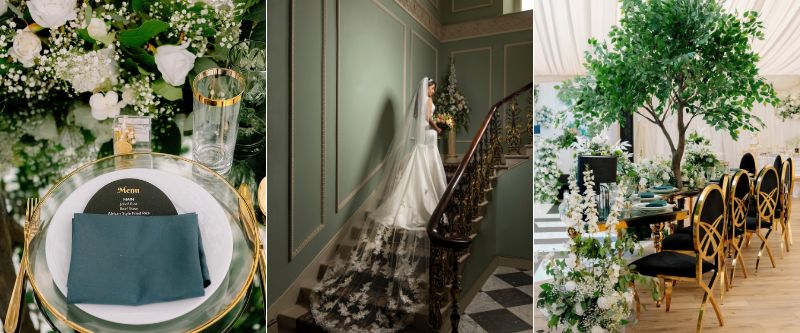 A collage of wedding photos; a place setting with gold rimmed plates and glasses and white flowers, a bride with a long white veil walking up the Grand Staircase, chairs in black and gold placed around a table decorated with greenery and white flowers. 