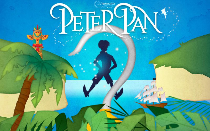 An illustrated poster of Peter Pan with his silhouette behind a silver hook. He is flying above cliffs surrounded by an ocean.