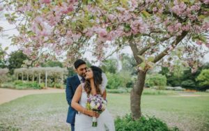 A bride and groom embracing under a cherry blossom tree in full bloom.