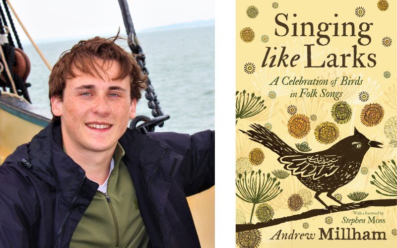 A picture of author Andrew Millham next to the cover of his book, Singing Like Larks