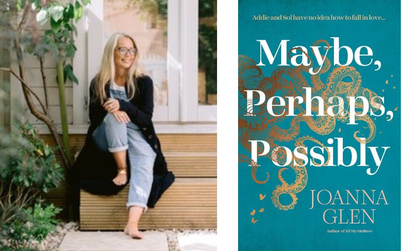 A photo of author Joanna Glen along side the cover of her book, 'Maybe, Possibly, Perhaps'.