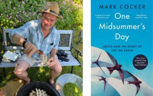 A photo of author Mark Cocker next to the cover of his book, One Midsummer's Day