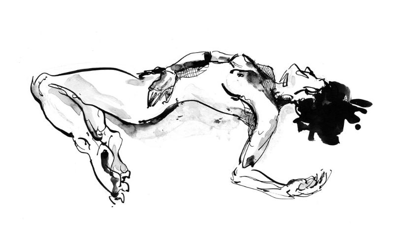 A black and white ink drawing of a nude woman.