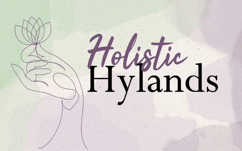 Holistic Hylands. A single-line drawing of a hand holding a lotus folder on a purple and green watercolour background.