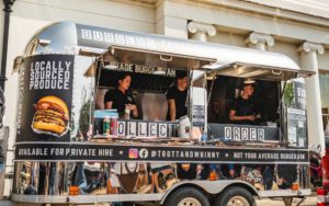 Food truck selling hamburgers.