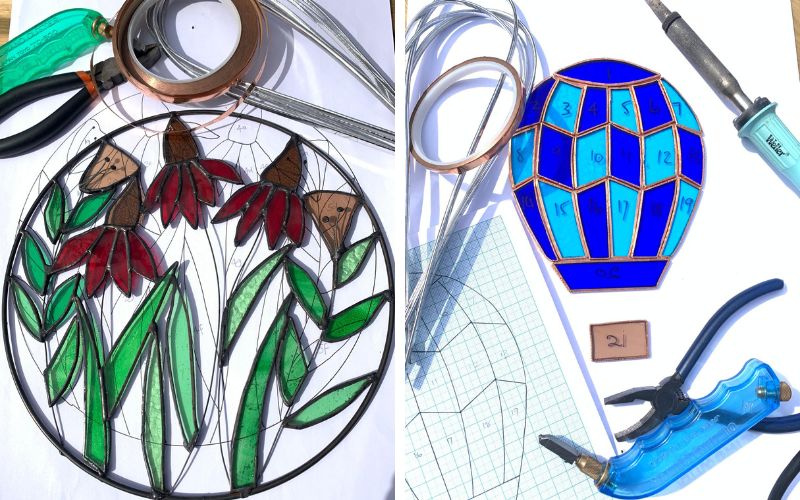 A collage of stained glass pieces in the process of being made.