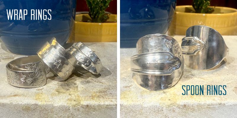 A collage of wrap rings and spoon rings made of silver. 