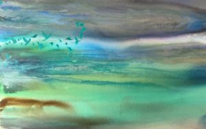 A painting featuring blue and green tones and birds flying.
