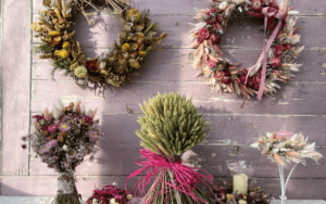 Dried flower arrangements and wreaths.