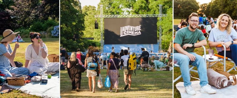 A collage of photos of people at Adventure Cinema