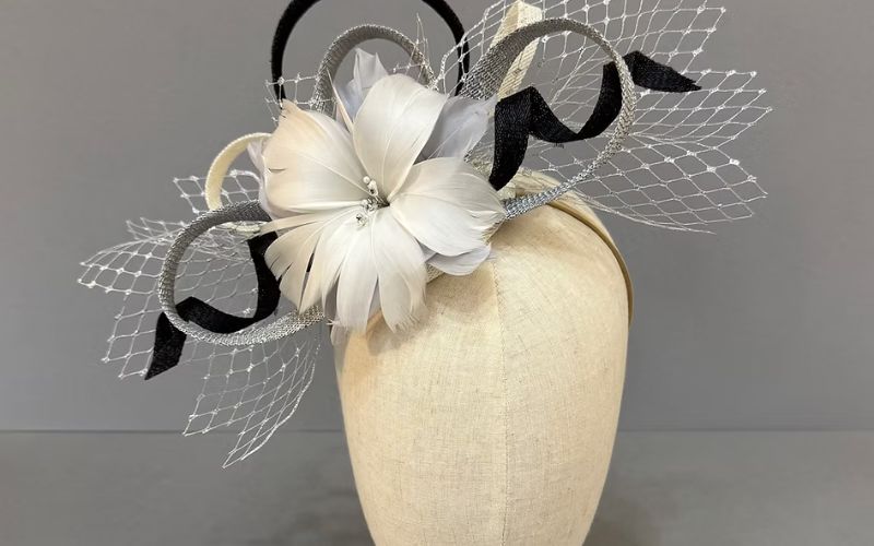 A black and white Feather Floral Sinamay Headpiece.